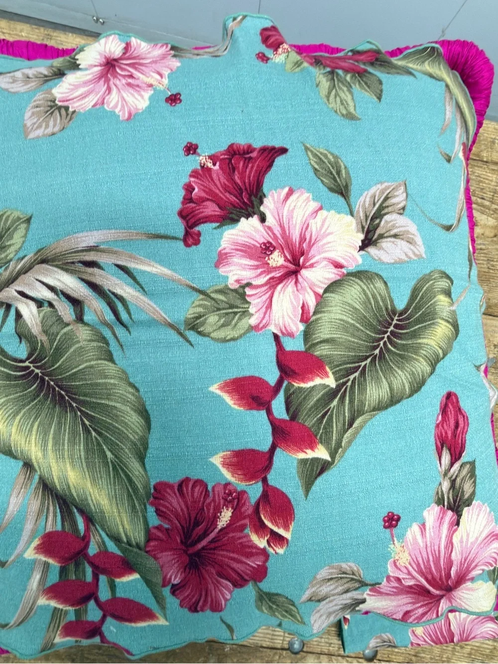 Tropical Floral Napkins - Turquoise with Pink Hibiscus